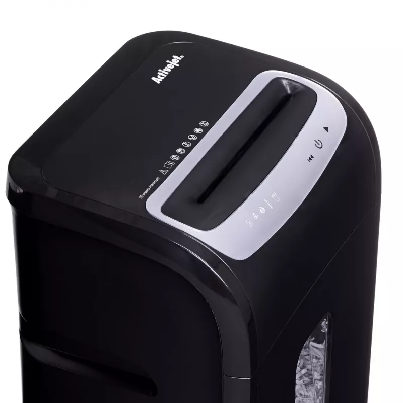 Niszczarka dokumentów ActiveJet ASH-2502C — cięcie krzyżowe P-4, 25 arkuszy, 4x40 mm, kosz 28 l, szerokość szczeliny 22,8 cm, czas pracy ciągłej 30 min