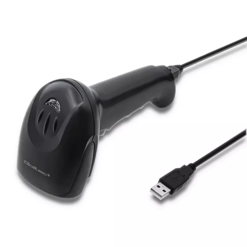 Ręczny czytnik kodów kreskowych QOLTEC 50866 — laserowy skaner 1D, przewodowy USB, zasięg 600 mm, czarny, 161,5×88×77 mm