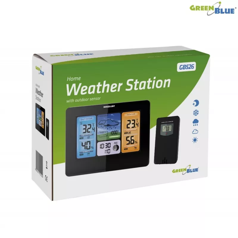 Cyfrowa stacja pogodowa GreenBlue GB526 Czarny — wewnątrz -20…60°C, zewnątrz -40…70°C, wilgotność -20…95%, zegar, faza księżyca