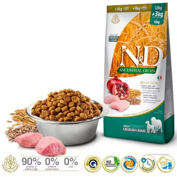 Sucha karma dla psa Farmina N&D Ancestral Grain kurczak dla dorosłych kotów 15 kg — 27% białka, 16% tłuszczu