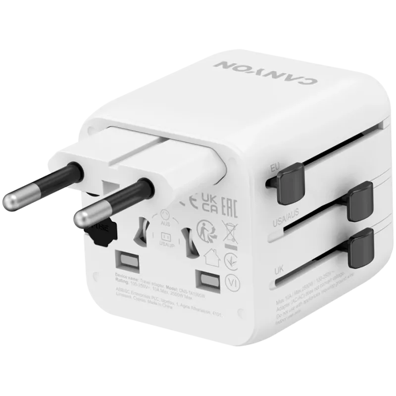 Adapter podróżny CANYON OnTour One EU UK US AUS Biały (CNS-TA1005W) - uniwersalna konwersja wtyczek dla gniazdek EU/UK/US/AUS