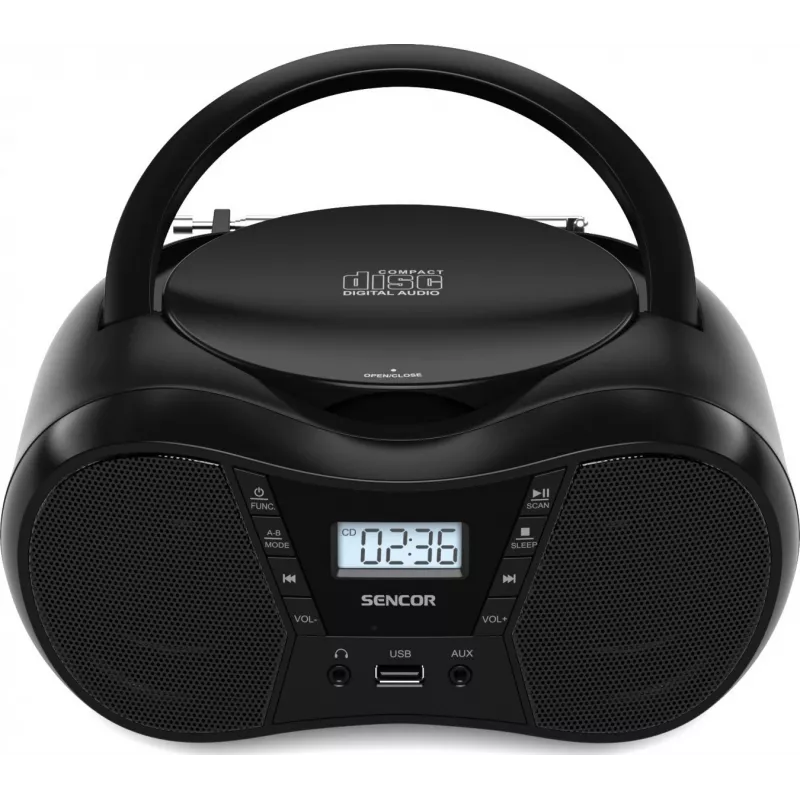 Radiomagnetofon SENCOR SPT2300BK — odtwarzacz CD, MP3, USB, Bluetooth 5.1, FM, AUX, 4W, bateria/sieć