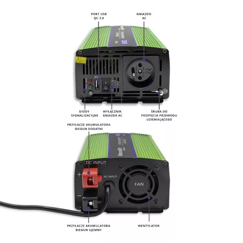 Przetwornica samochodowa Qoltec Monolith 1200 W Zielona 12 V