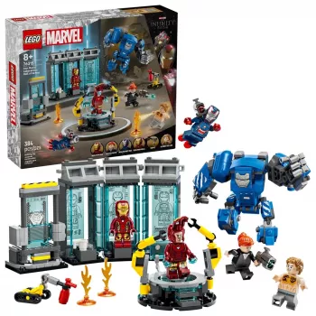 LEGO Marvel Laboratorium Iron Mana Hall of Armor 76315 — 384 elementy, 5 minifigurek, miejsce na wystawę