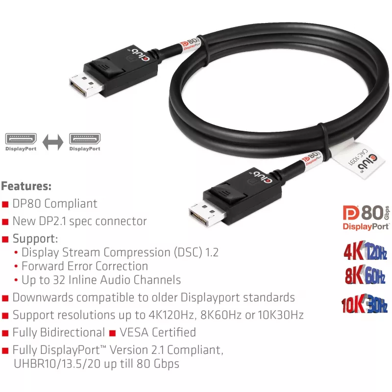 Kabel CLUB3D DisplayPort 2.1 Dwukierunkowy z certyfikatem VESA DP80 4K240Hz, 8K60Hz lub 10K30Hz M/M 1,2m/3,94ft