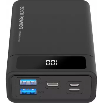 RealPower PB-20k PD - Czarny - Zestaw słuchawkowy - MP3/MP4 - Telefon/Smartfon - Smartwatch - Tablet - Prostokąt - 20000 mAh - USB - 74 Wh (306949)