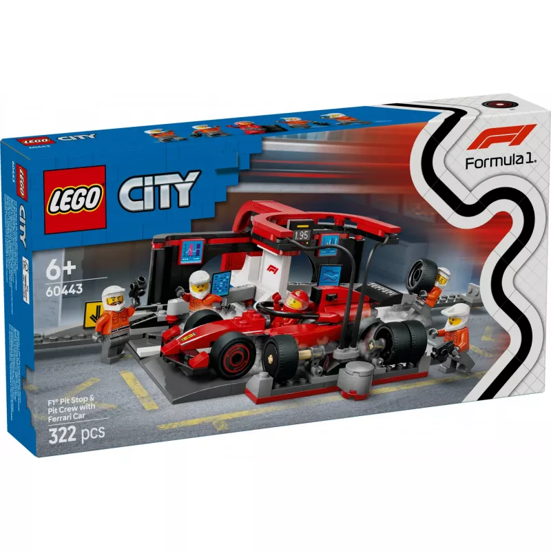 LEGO City F1 Pit Stop zestaw 60443 — Ferrari F1 samochód, 322 elementy, 5 minifigurek, wiek 6+