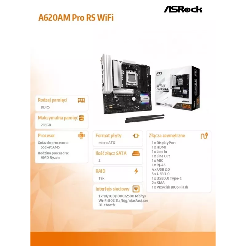 Płyta główna ASROCK A620AM PRO RS WIFI AM5 microATX, AMD A620, 4×DDR5, Wi‑Fi, HDMI, DP, 3×M.2, 2×SATA, dźwięk 7.1, LAN 1Gb