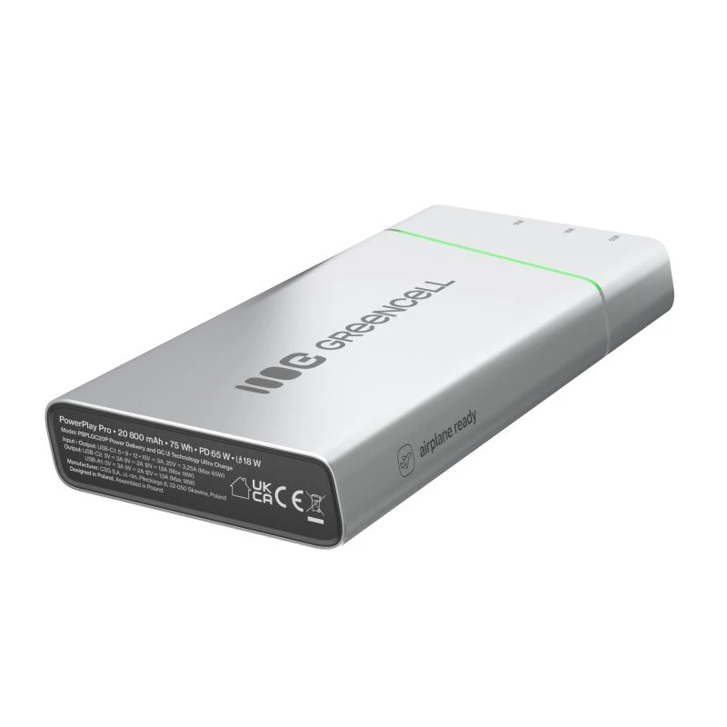 Przenośny akumulator zielony Cell BPLGC20P 20800 mAh litowo-jonowy, USB-C PD 65W, 2x USB-C + 1x USB-A, aluminiowa obudowa