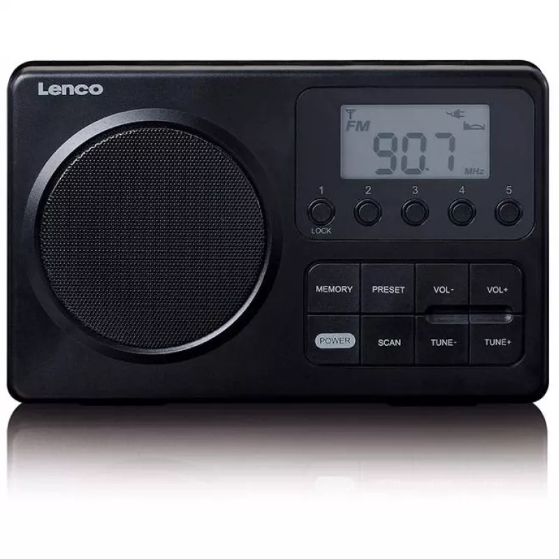 Przenośne radio Lenco MPR-035BK — FM/AM, zasilanie sieciowe i bateryjne, 2,5-calowy wyświetlacz LCD, 20 stacji FM w pamięci, wyjście 3,5 mm