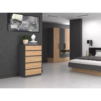 Komoda Topeshop M5 ANTRACYT/ARTISAN 5-szufladowa, Antracytowy dąb, 700×1095×400 mm