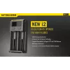 Ładowarka do akumulatorów Nitecore NEW i2 — ładowarka 2‑kanałowa dla LiFePO4, Li‑Ion, NiMH; wejście 100–240 V; wyjście 9–12 V; obsługuje AAAA/C/D/AAA/AA; czarna