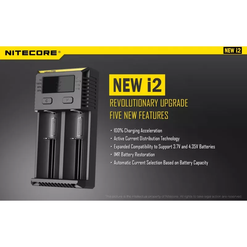 Ładowarka do akumulatorów Nitecore NEW i2 — ładowarka 2‑kanałowa dla LiFePO4, Li‑Ion, NiMH; wejście 100–240 V; wyjście 9–12 V; obsługuje AAAA/C/D/AAA/AA; czarna