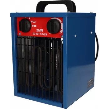 Wentylatorowy grzejnik elektryczny BLAUPUNKT EH7010 — 2000 W, element ze stali nierdzewnej, IPX4, do użytku na podłodze, do 22 m², czarno-niebiesko-czerwony