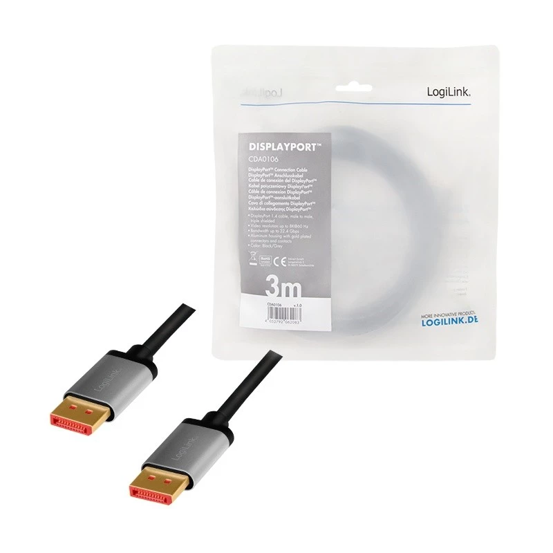 LogiLink CDA0106 Kabel DisplayPort Czarny Szary 3 M
