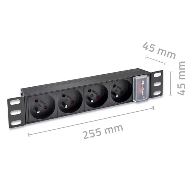 Qoltec Aluminiowa PDU do szafy RACK 10'' | 1U | 16A | 4xFRENCH | 1,8m