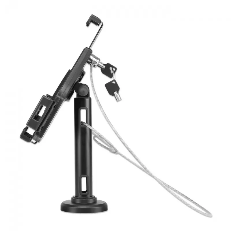 Manhattan iPad i Tablet - Stojak biurkowy, zamykany, do montażu na ścianie, zabezpieczenie przed kradzieżą, tablety 7.9 inch do 10.5 inch, obrót 360°, nachylenie +/-70°, obrót w poziomie 330°, czarny, dożywotnia gwarancja