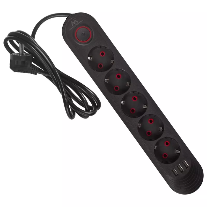 Listwa zasilająca MACLEAN MCE395 B — 5 gniazd, 3×USB, 110–240 V AC, 2,1 A USB, 2500 W, przewód 1,5 m, czarna