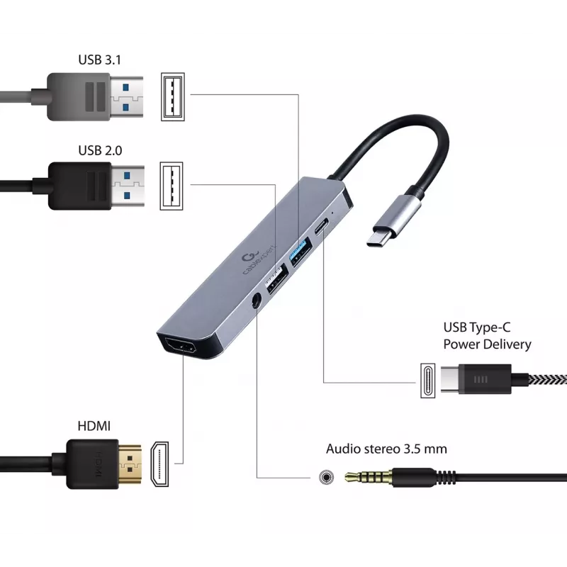 Gembird A-CM-COMBO5-02 stacja dokująca/replikator portów do laptopa, przewodowy USB 3.2 Gen 1 (3.1 Gen 1) Type-C, srebrny