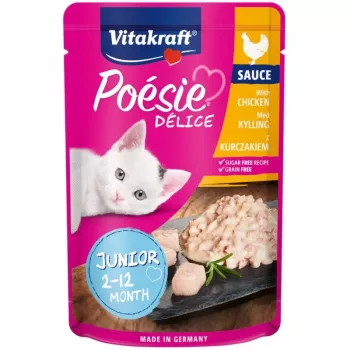 Mokra karma dla kotów Vitakraft Poésie Délice Junior — kurczak, saszetka 85 g, białko 8,5%, tłuszcz 5%, wilgotność 84%