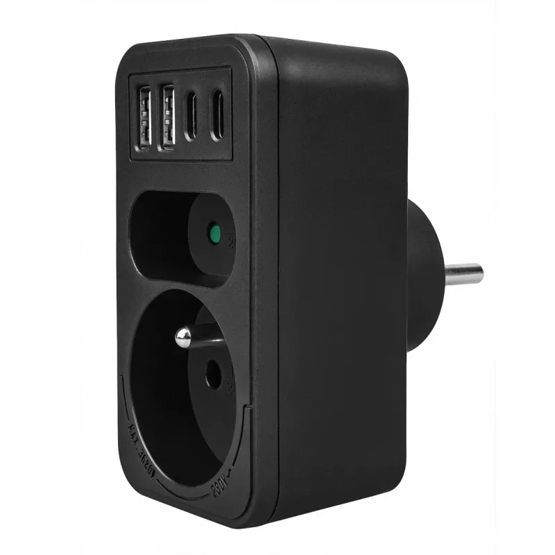 Rozgałęźnik zasilania MACLEAN MCE249 F/B — 2 gniazda AC (16A + 6A) z 2×USB-A i 2×USB-C PD 20W, wtyk EU, czarny