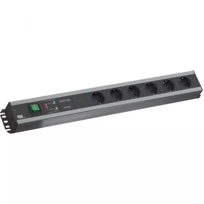 Jednostka dystrybucji zasilania Bachmann 300.012, PDU Basic, 6 gniazd AC, 2U, kabel 2 m, Czarny/Szary
