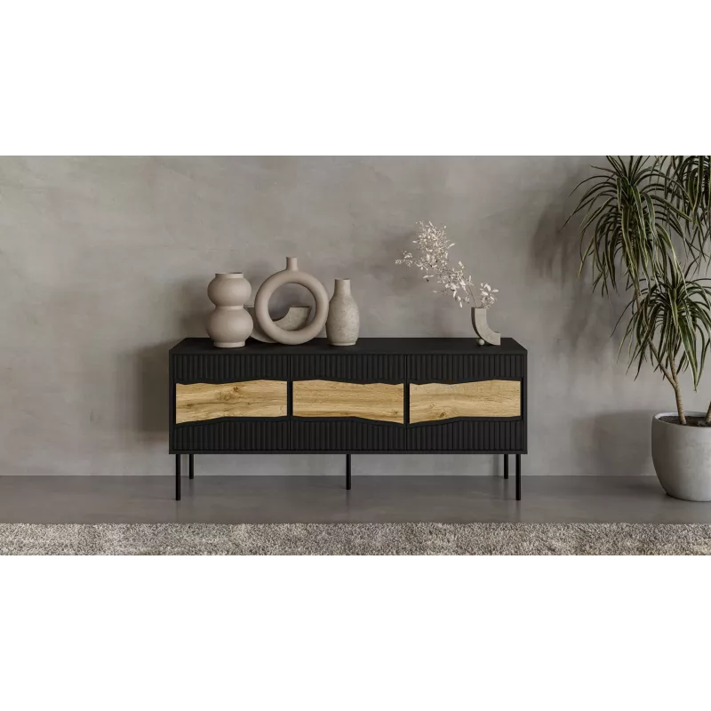 Szafka TV cama meble INSERTO 3D 143,5x40x61,5 cm czarna z LED, blat z płyty wiórowej