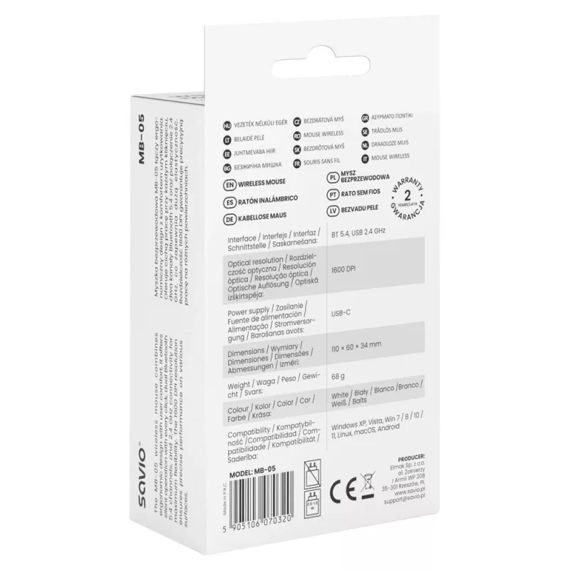 Savio MB-05 mysz uniwersalna symetryczna Bluetooth 1600 DPI