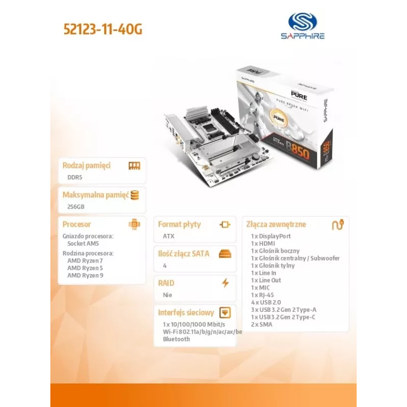 Płyta główna Sapphire PURE B850A WIFI7 ATX — chipset B850, Wi‑Fi 7, obsługa DDR4