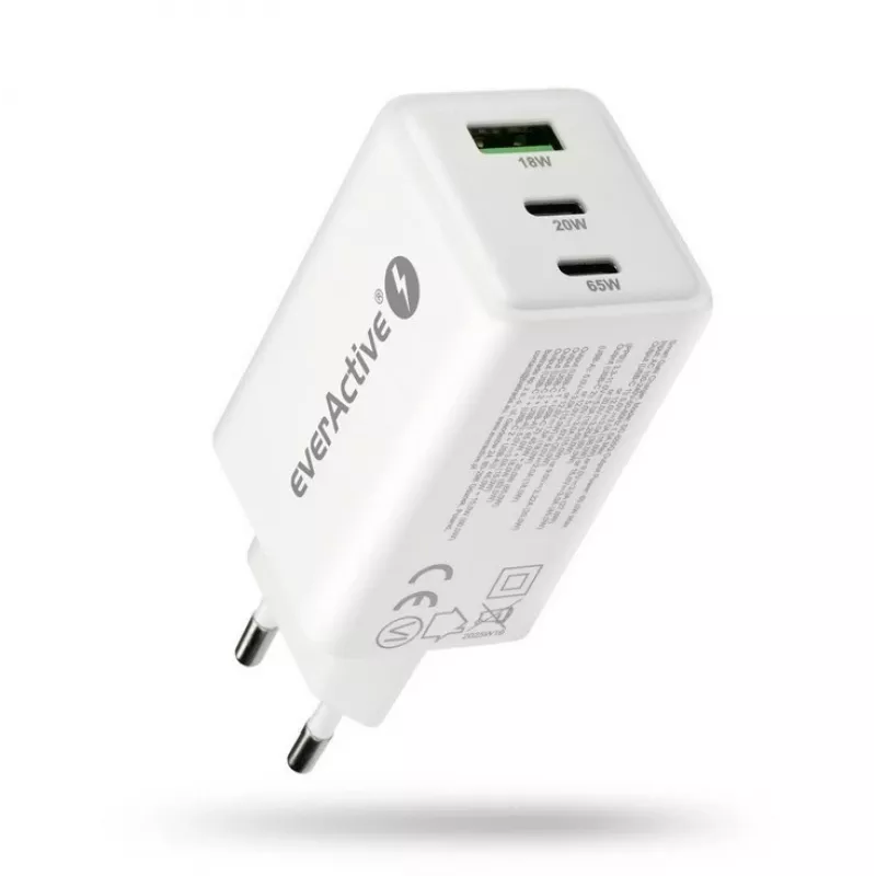 Ładowarka sieciowa everActive SQ-655Q 65W, 1×USB-A + 2×USB-C szybkie ładowanie