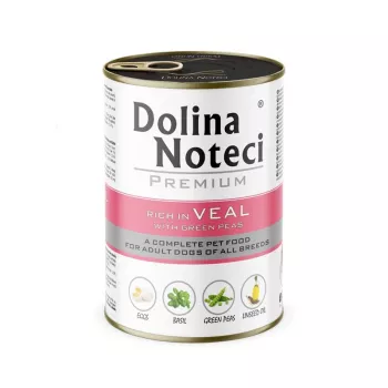 Mokra karma dla psów Dolina Noteci Premium bogata w cielęcinę z zielonym groszkiem 400 g, dla dorosłych psów, 12% białka, 6,5% tłuszczu