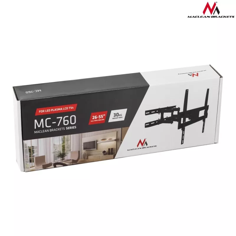 Uchwyt ścienny do telewizora MACLEAN MC-760 dla telewizorów 32–55 cali, stal, VESA do 400x400, 30 kg, czarny, 9,6–44,8 cm