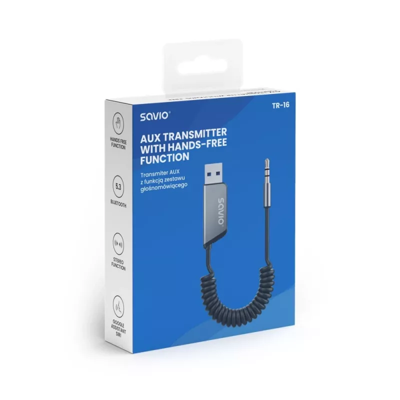 Adapter AUX Savio TR-16 z funkcją głośnomówiącą, Bluetooth 5.3, Google Assistant/Siri