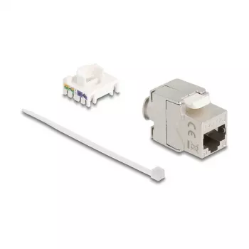 Moduł Keystone DELOCK 90723 — płaska wkładka RJ-45, srebrny/biały, 16×28,5×22,6 mm