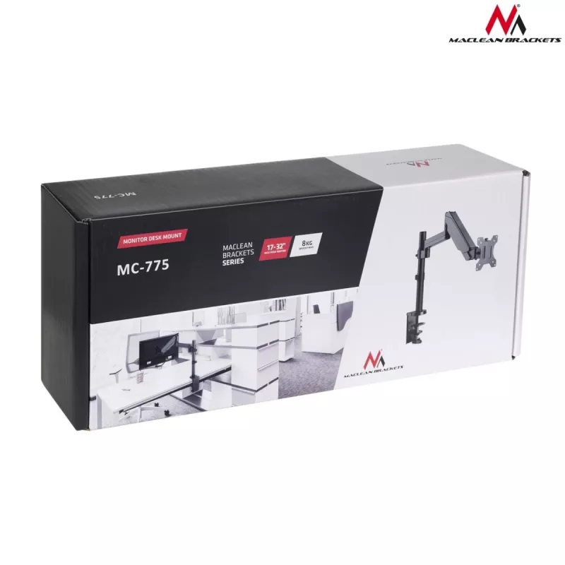 Uchwyt biurkowy do monitora MACLEAN MC-775 do ekranów 32 cale (81,3 cm), VESA 75x75–100x100, do 8 kg, szary