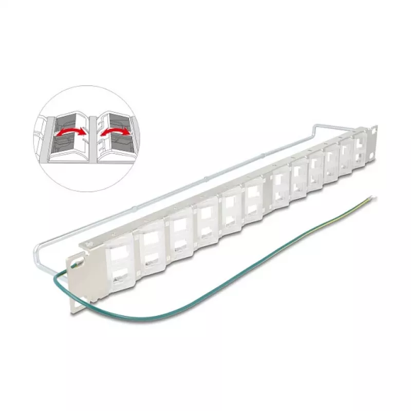 Patch panel 19 cali DELOCK 24-port keystone, porty uchylne, odciążenie, 1U metalowy