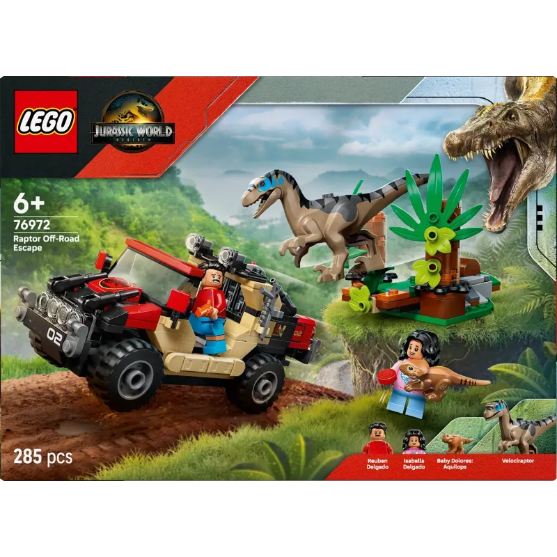 Zestaw konstrukcyjny LEGO Jurassic World 76972 Ucieczka raptora w terenie, 285 szt., 2 minifigurki, wiek 6+