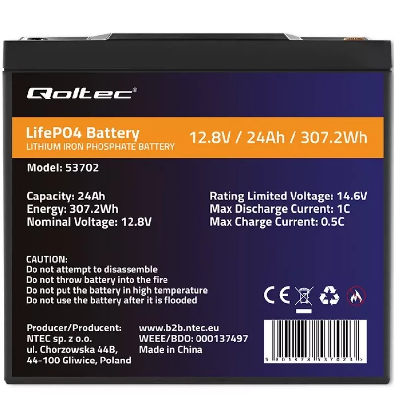 Qoltec 53702 Akumulator litowo-żelazowo-fosforanowy LiFePO4 | 12,8V | 24Ah | 307,2Wh | BMS