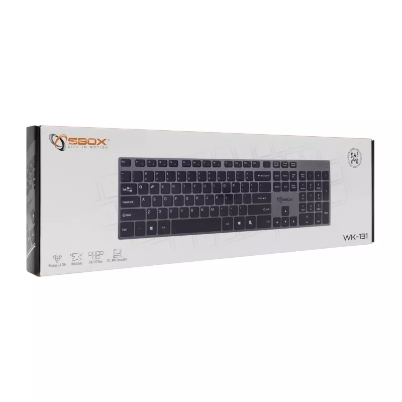 Klawiatura bezprzewodowa SBOX WK-131 US, kompaktowa konstrukcja metalowa, układ US