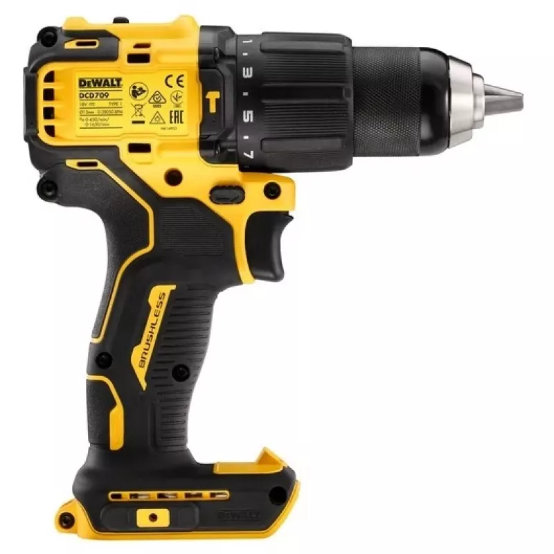 Wiertarko-wkrętarka akumulatorowa DeWALT DCD709N-XJ, bezszczotkowa 18V, 2-biegowa, 1650 obr./min, 65 N·m, uchwyt bezkluczykowy 1.5–13 mm, 1.2 kg