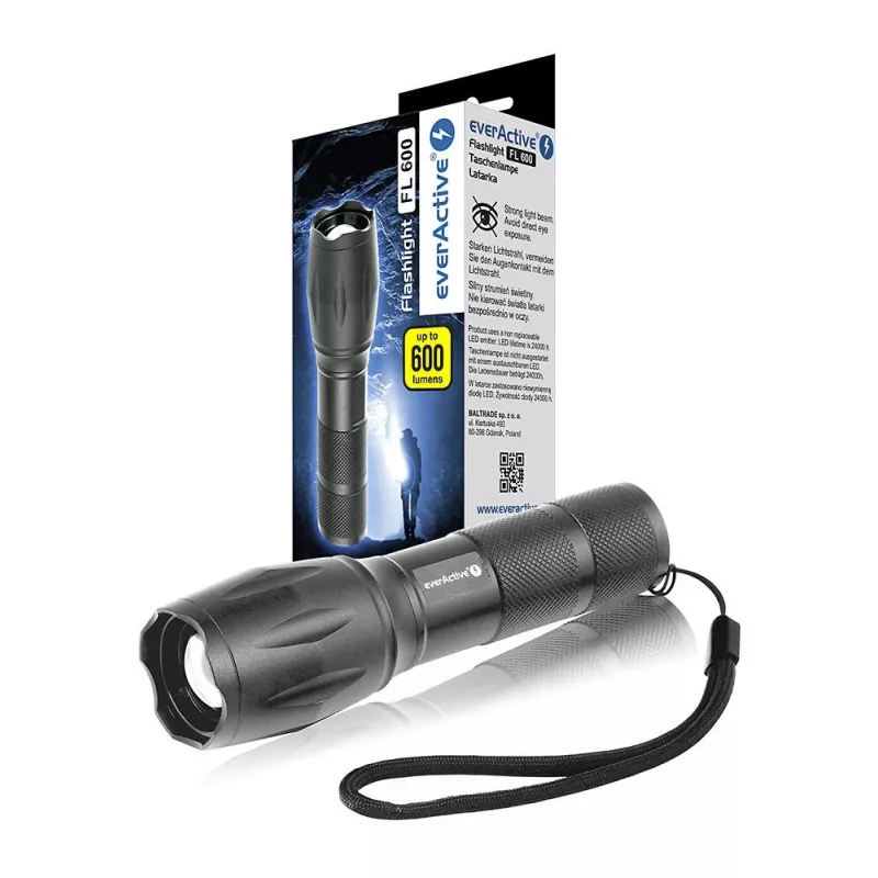 Latarka everActive FL600 — 600 lm, 10 W, obudowa aluminiowa, IPX4, 130 mm, 3×AAA, czerwona