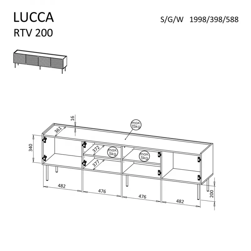 Szafka RTV Cama LUCCA 4D 200x40x59 cm, wykończenie cashmere, blat z szarej płyty wiórowej
