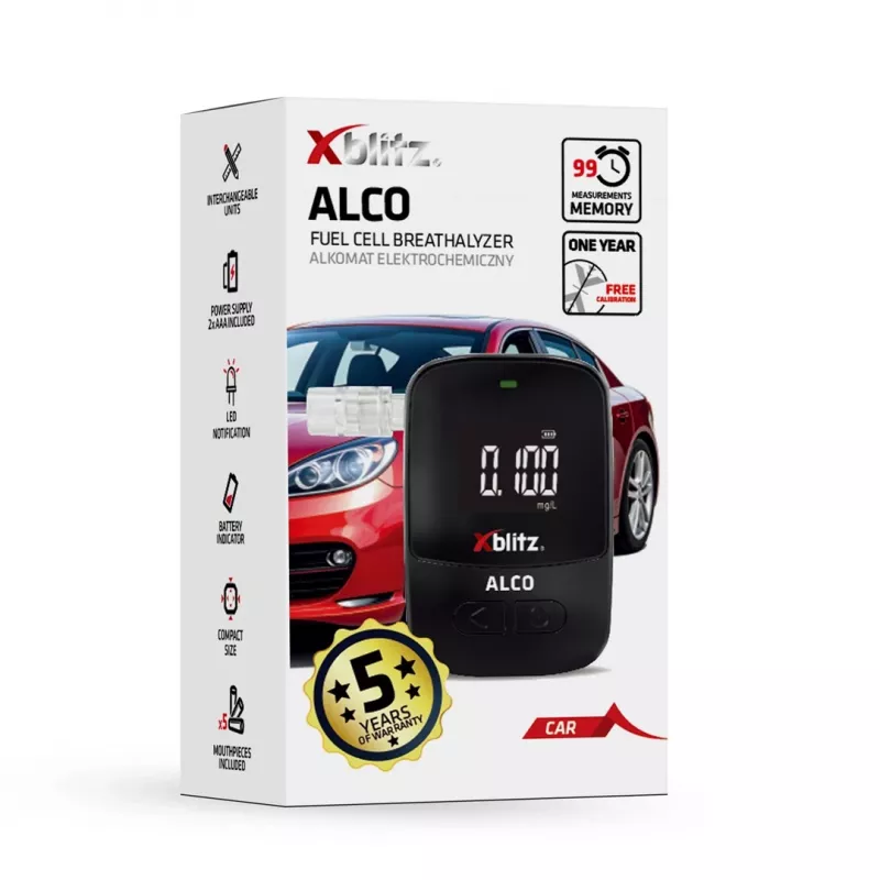 Ręczny elektrochemiczny tester alkoholu Xblitz ALCO — BAC 0–4%, dokładność 0,05%, LCD, 5 ustników, 2 baterie 1,5 V