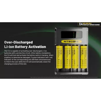 Ładowarka baterii Nitecore Ci4 — uniwersalna ładowarka USB do akumulatorów litowo-jonowych / NiCd / NiMH, wejście 5/9/12 V, 3 A, tworzywo sztuczne, 0,1914 kg