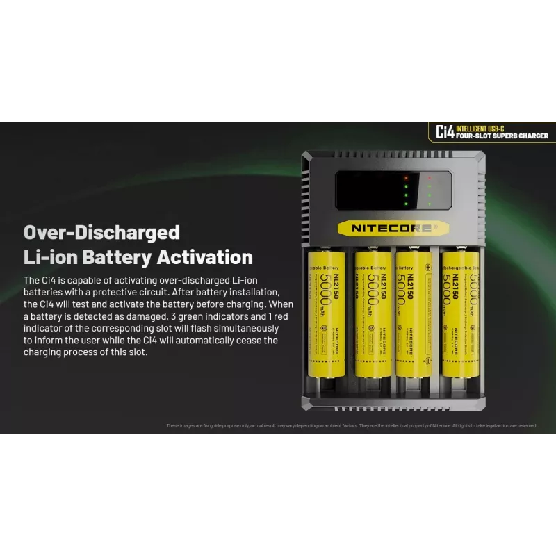 Ładowarka baterii Nitecore Ci4 — uniwersalna ładowarka USB do akumulatorów litowo-jonowych / NiCd / NiMH, wejście 5/9/12 V, 3 A, tworzywo sztuczne, 0,1914 kg