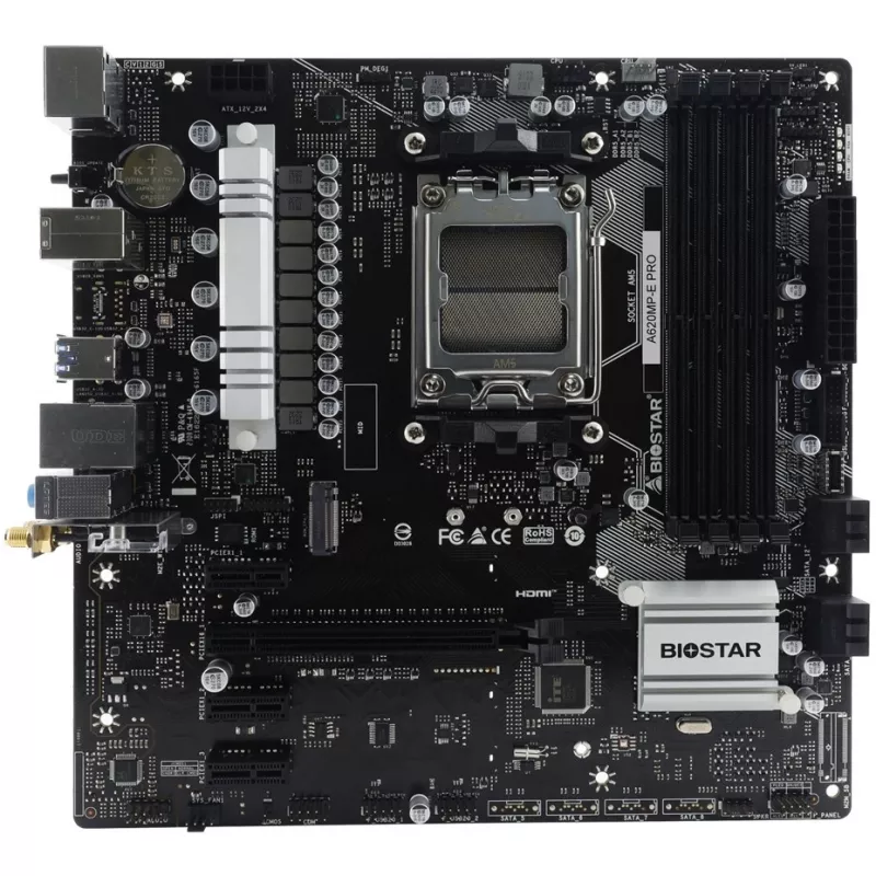 Płyta główna BIOSTAR A620MP-E PRO — AMD A620 microATX, Socket AM5, DDR5, 4 DIMM, max 128 GB, 2.5Gb LAN