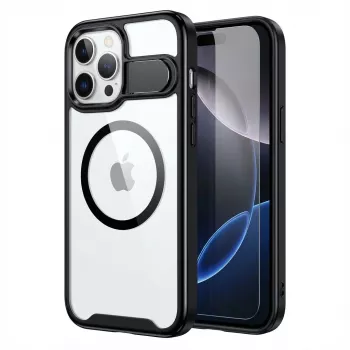 GUAN etui ochronne do Apple iPhone 16 Plus z hartowanym szkłem 10H i podstawką, przezroczysty tył z czarną ramką