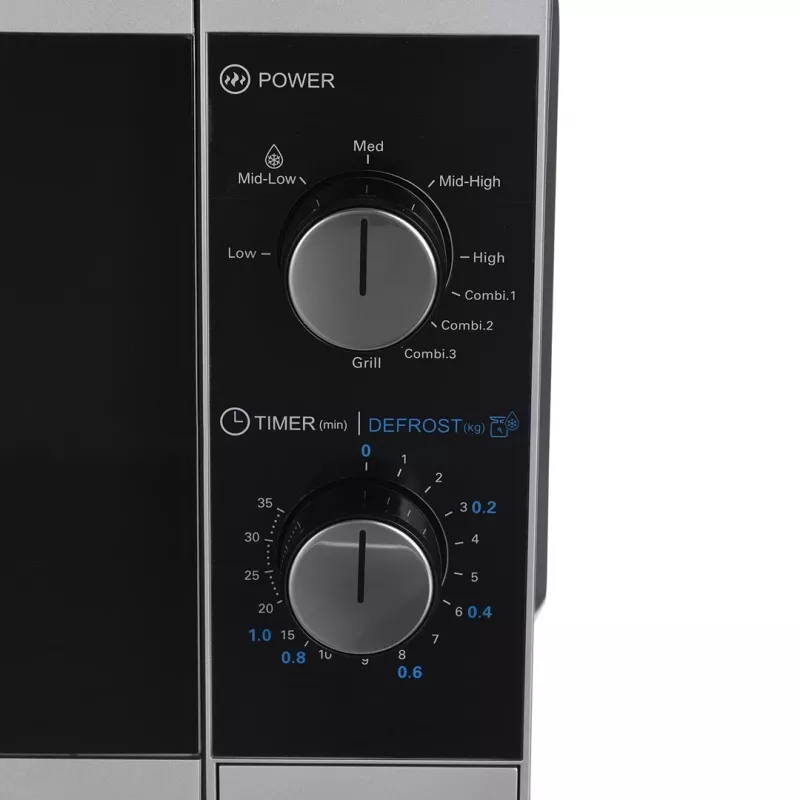 Mikrofalówka kombinowana Sharp YC-MG01E-S — 20 l, 800 W mikrofale, 1000 W grill, 5 poziomów mocy, pokrętło, talerz obrotowy 25,5 cm
