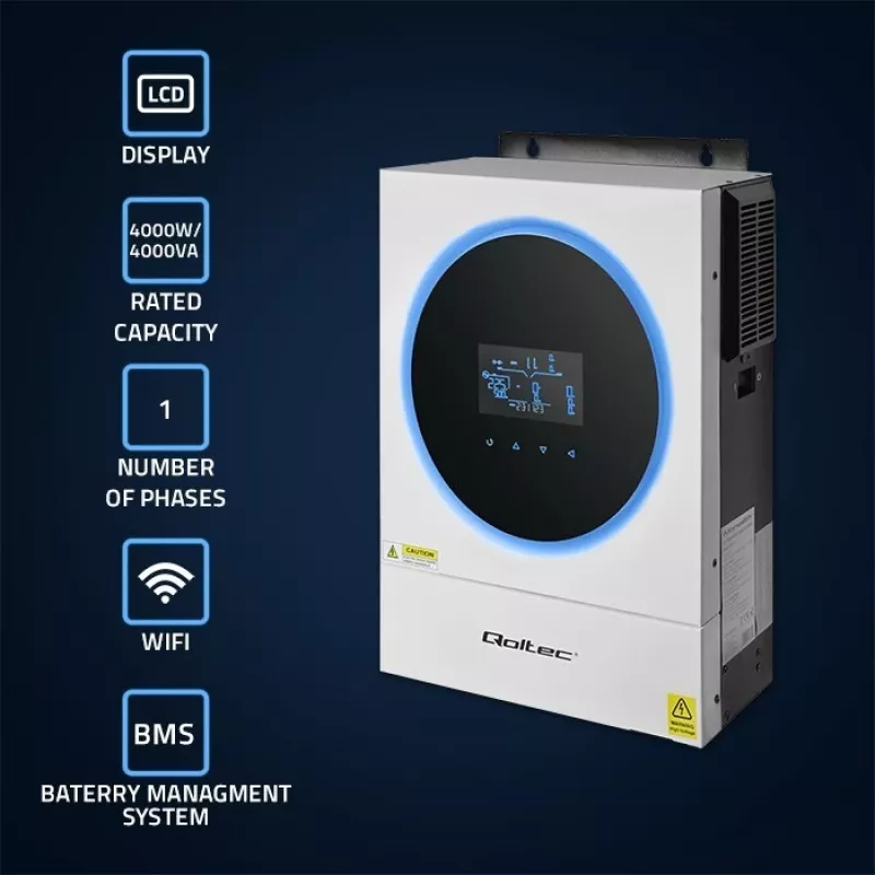 Qoltec, przetwornica napięcia, hybrydowy falownik solarny Off-Grid 4kVA 4kW 120A MPPT LCD Wi-Fi BMS Sinus