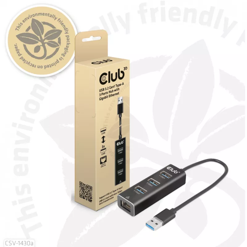 Hub USB CLUB3D USB 3.2 Gen1 Type-A, 3 porty i Gigabit Ethernet